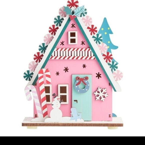 Gingerbread House pink led holiday Christmas wood laser cut house decor - Picture 2 of 4